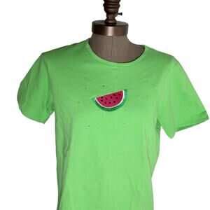 Quacker Factory Watermelon Top Womens Size Small Green Embroidered Summer Picnic